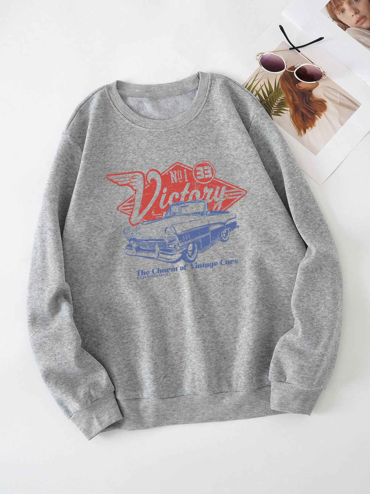 Women's Print Thermal Lined Crew Neck Loose Pullover Long sleeve shirt