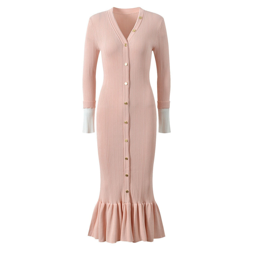 Sandro Elegant V-Neck Mermaid Knit Dress with Button Detail
