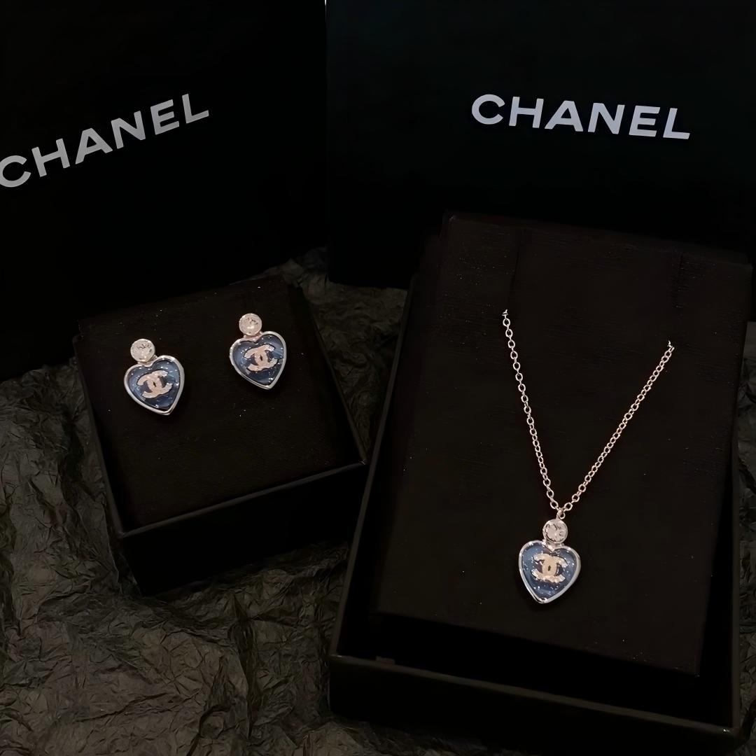 Chanel Blue Heart Necklace & Earrings