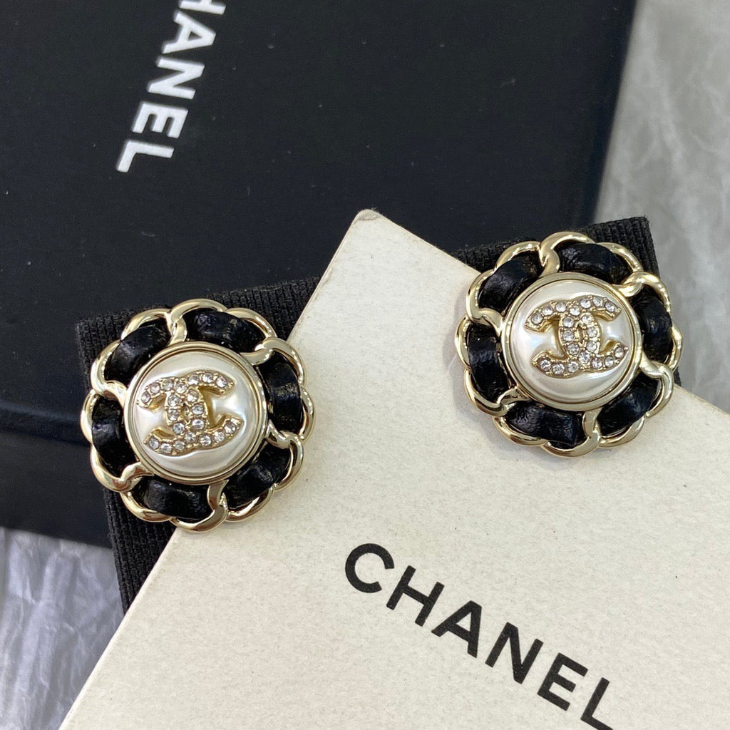 Chanel Black Leather Button Necklace Earrings