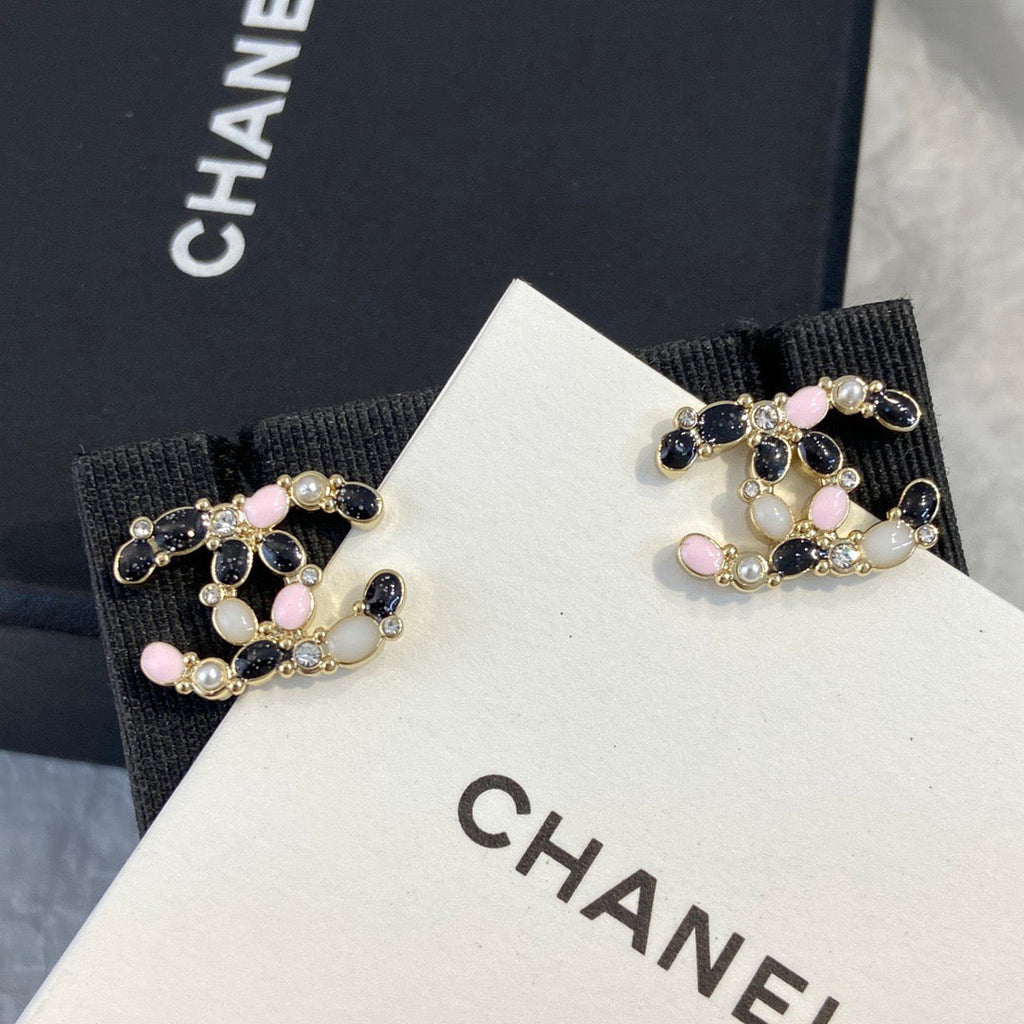 Chanel Black Pink Pattern Earrings