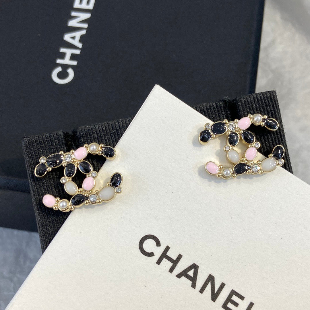 Chanel Black Pink Pattern Earrings