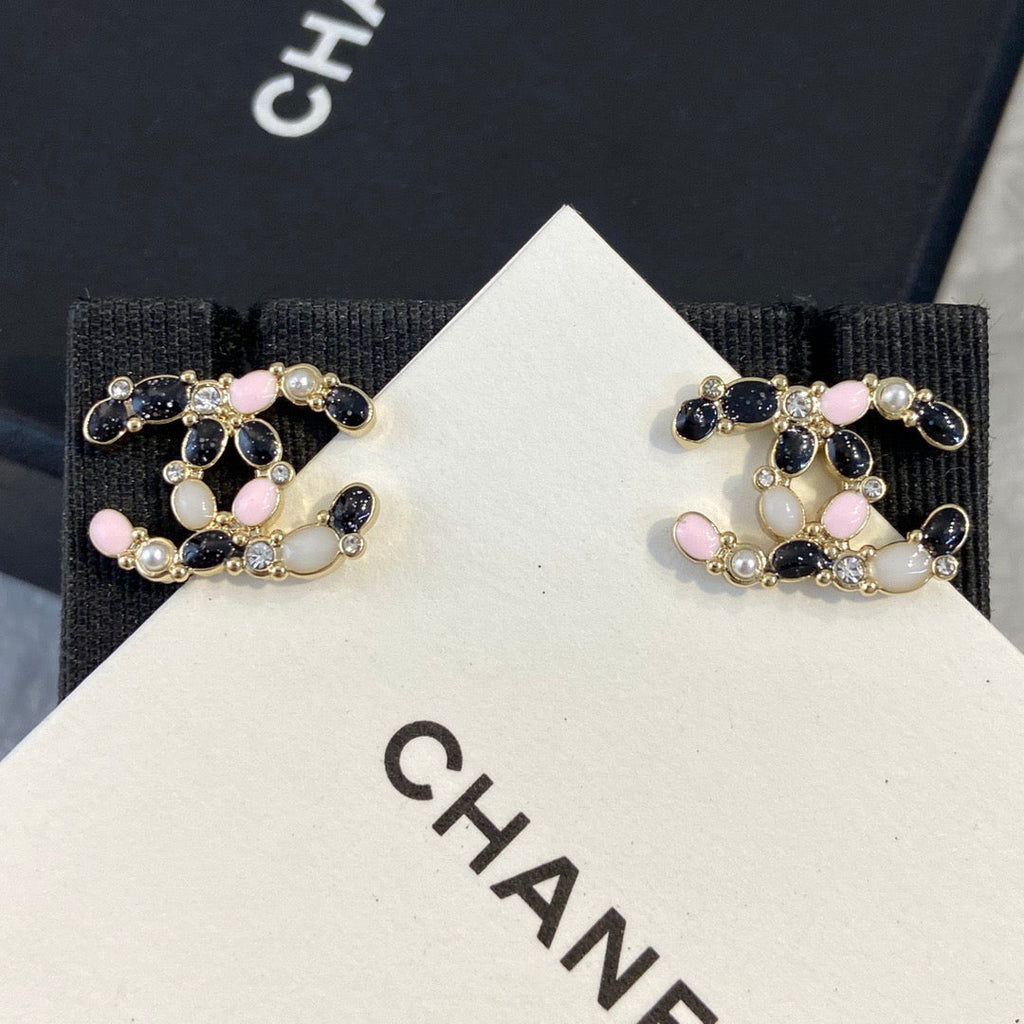 Chanel Black Pink Pattern Earrings