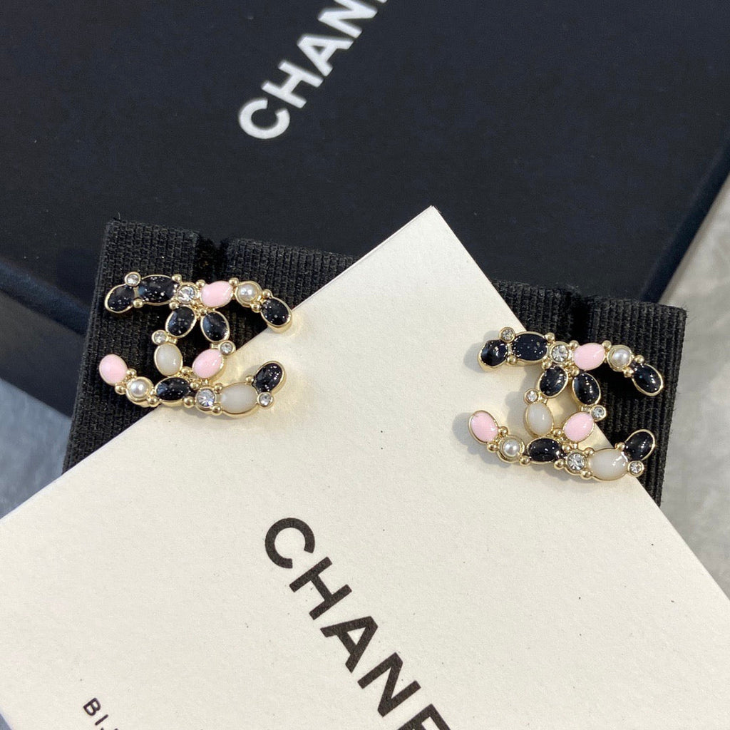 Chanel Black Pink Pattern Earrings